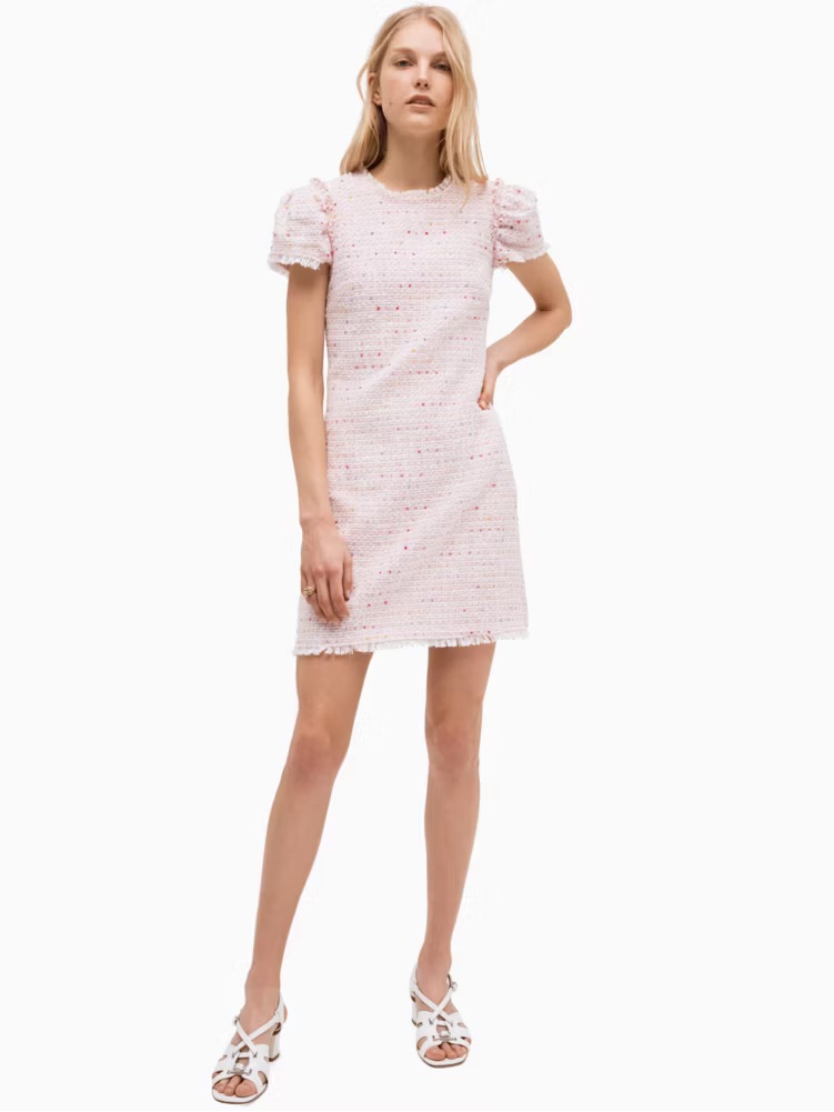 Kate Spade Multi Tweed Shift Dress Pink Fringe Flutter Sleeve Size 2